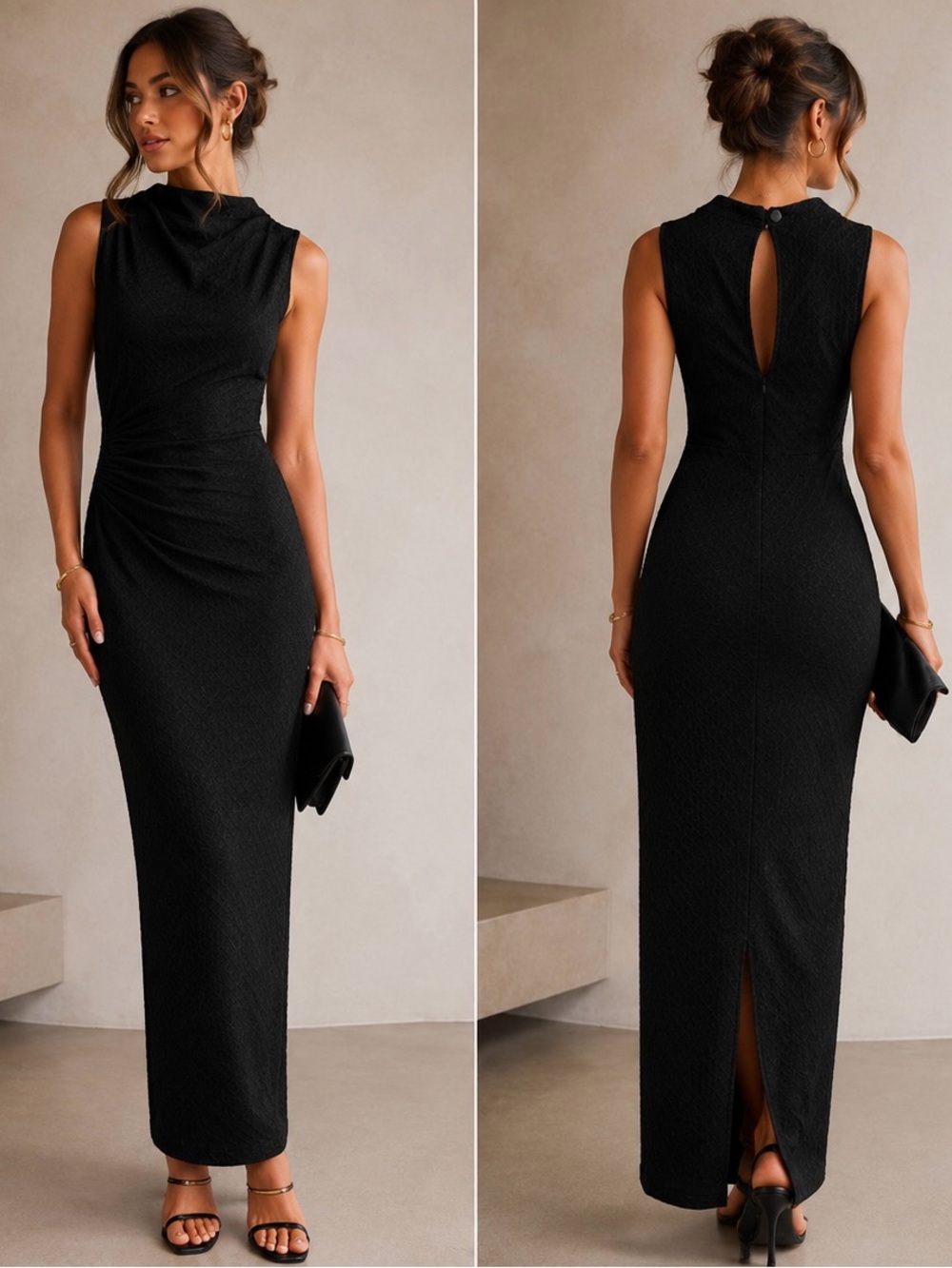 ASTR The Label NWT Black Textured Ruched Bodycon Maxi Dress Sleeveless Mock SZ M